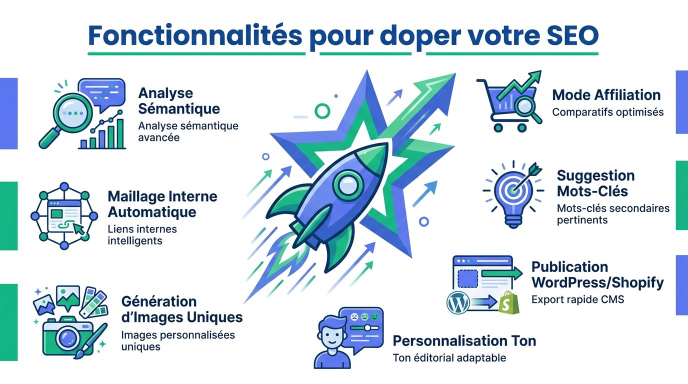 Interface des fonctionnalités SEO de Wisewand pour la croissance du trafic