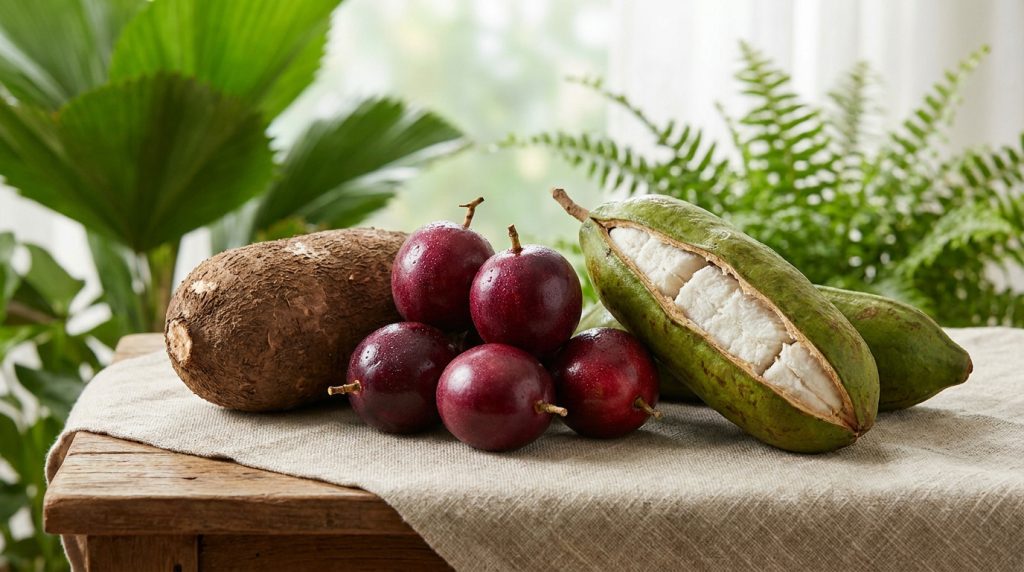 Un igname, des icaques violets et un fruit à gousse ouvert disposés sur une table en bois devant des plantes.
