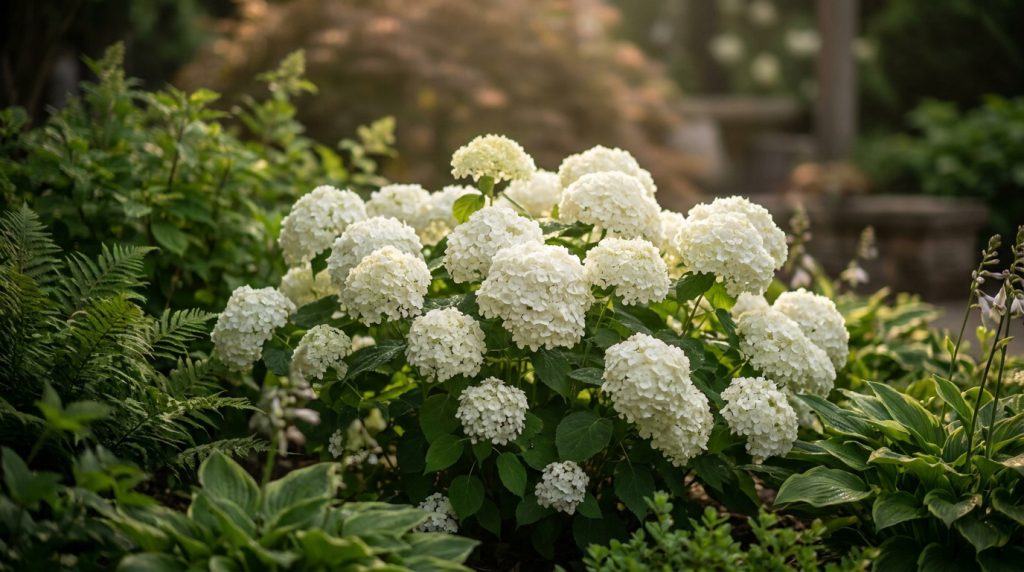 Gros plan sur un buisson d'hortensias blancs aux fleurs rondes et denses, baigné d'une lumière douce dans un jardin verdoyant.