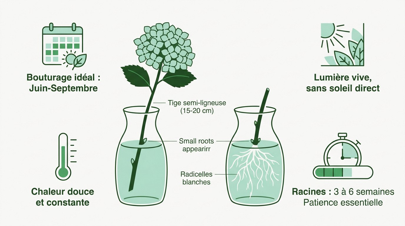 Bouture d'hortensia dans un vase en verre montrant les racines blanches