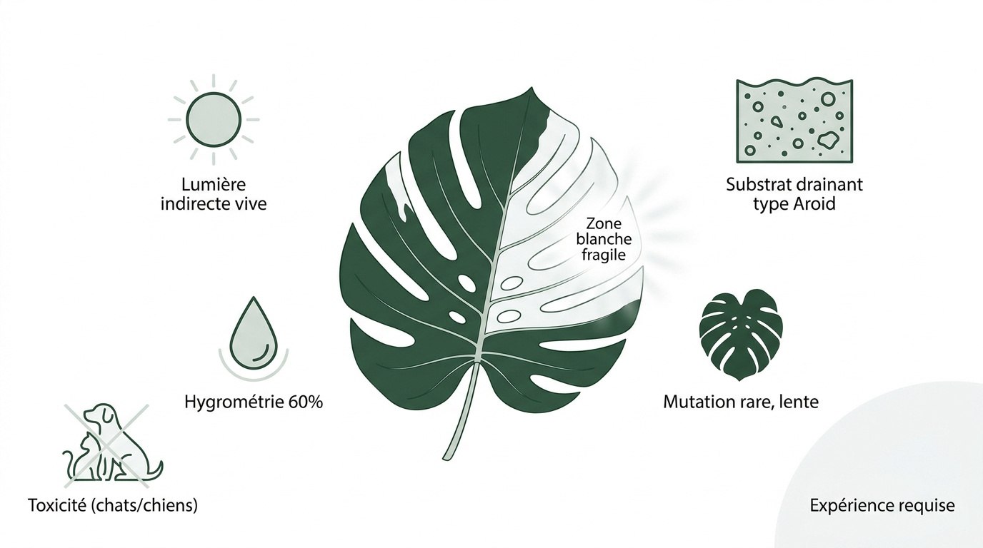 Feuillage panaché de blanc d'une Monstera variegata en gros plan