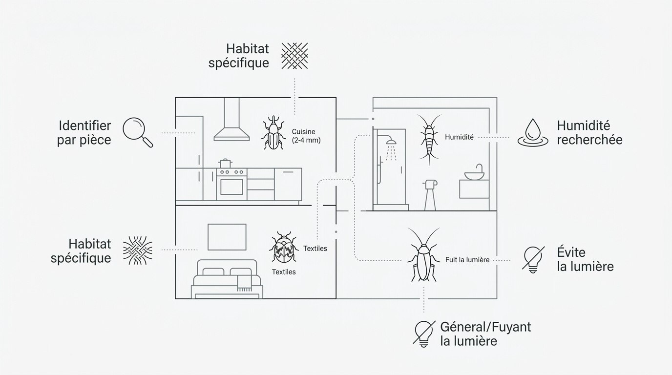 Guide visuel pour identifier les insectes noirs selon les pièces de la maison