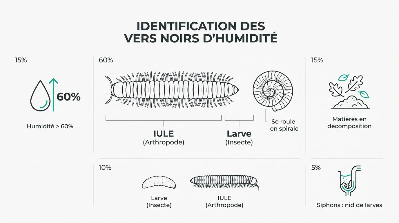 Guide visuel pour identifier les iules et vers noirs d'humidité dans une maison