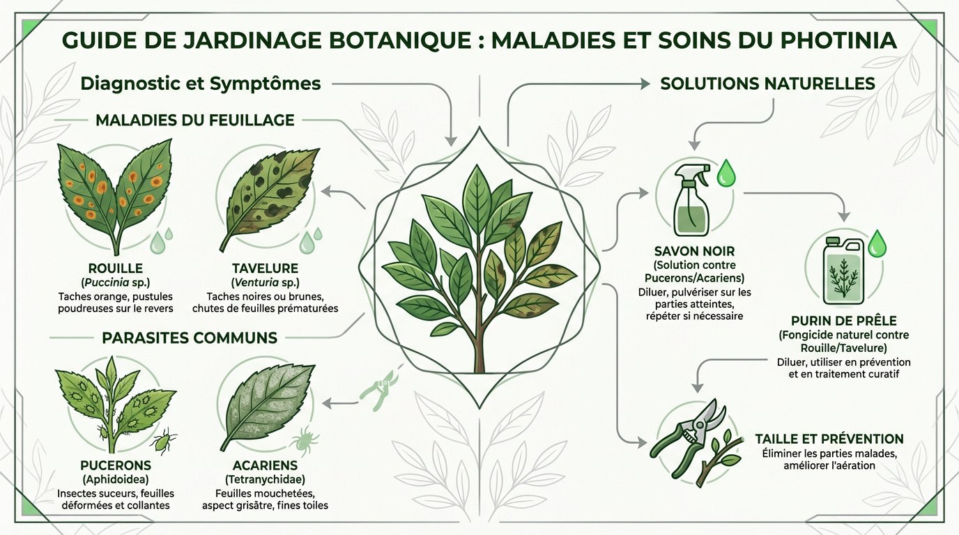 Symptômes de maladies sur les feuilles de photinia