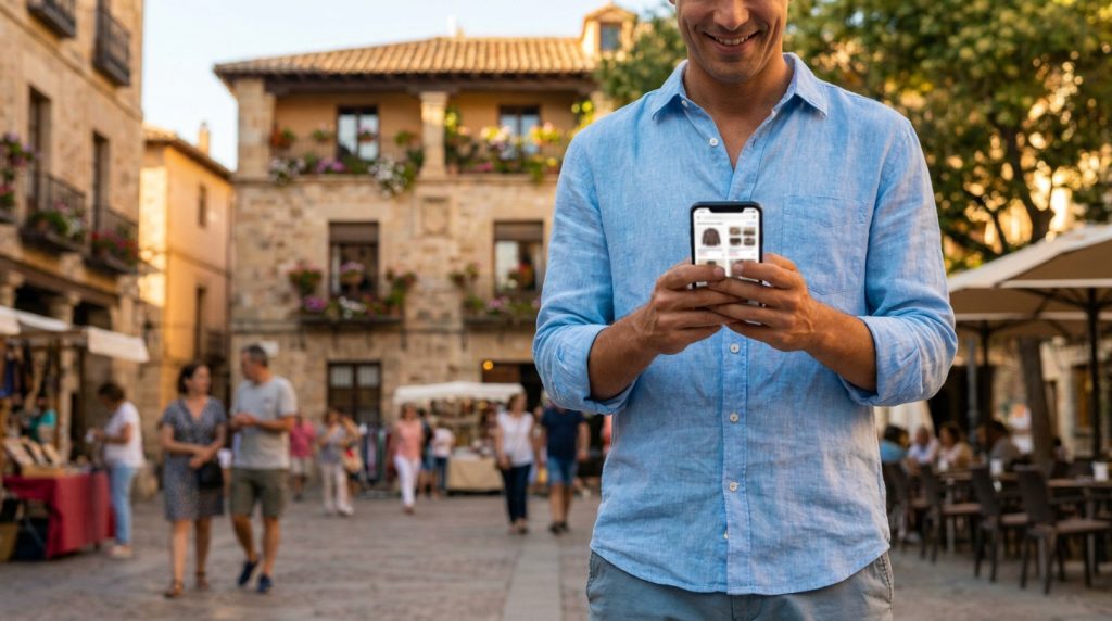 Homme souriant utilise son smartphone pour des achats en ligne dans une rue espagnole animée, avec bâtiments anciens et passants.
