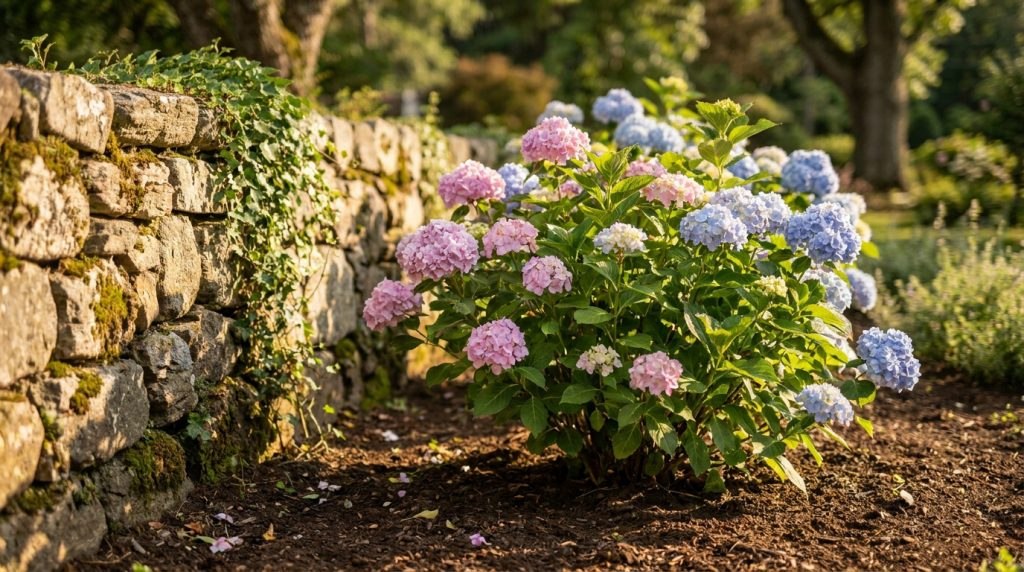 Un bel hortensia aux fleurs roses et bleues planté à proximité d'un mur en pierres sèches dans un jardin.