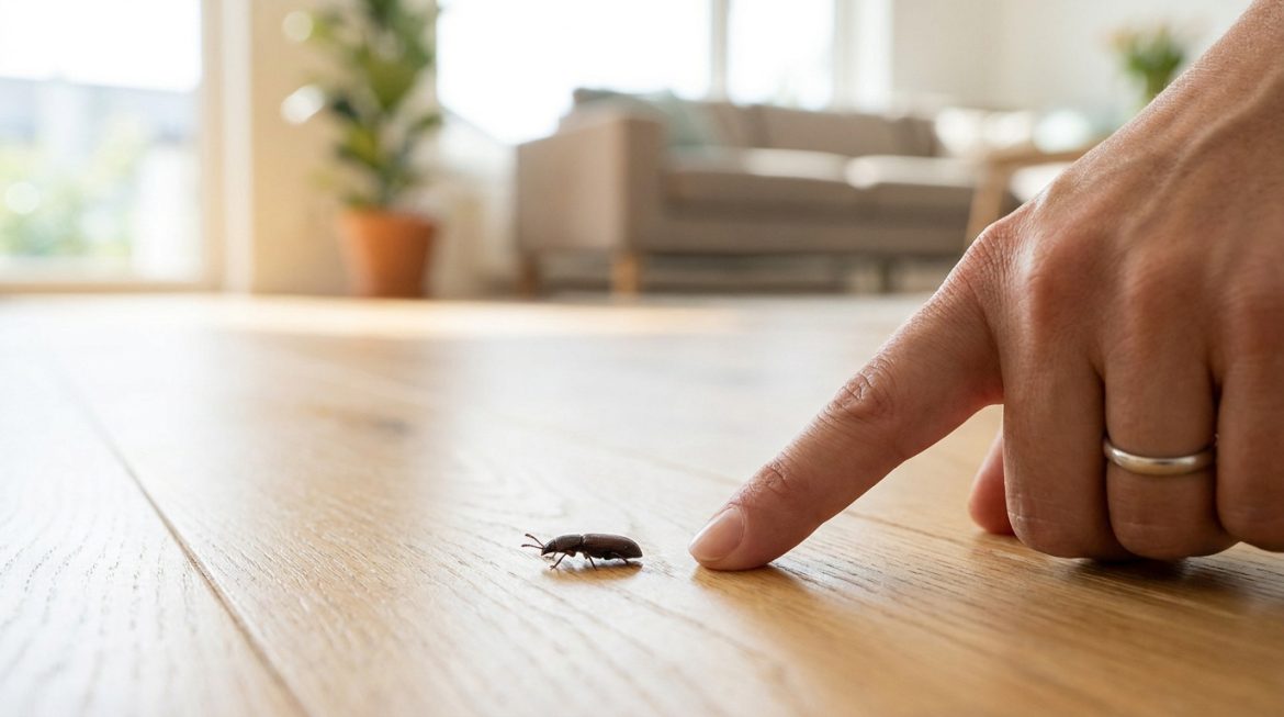 Un doigt pointe un petit insecte noir sur un parquet en bois clair. L'arrière-plan flou montre un intérieur de maison lumineux.