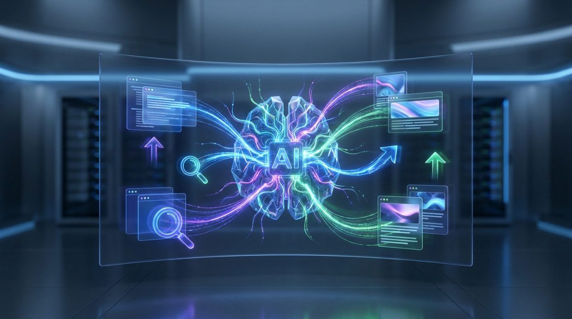 Représentation graphique de l'IA (cerveau lumineux) traitant des données pour le SEO : loupes, flèches de croissance, fenêtres numériques dans un centre de données futuriste.
