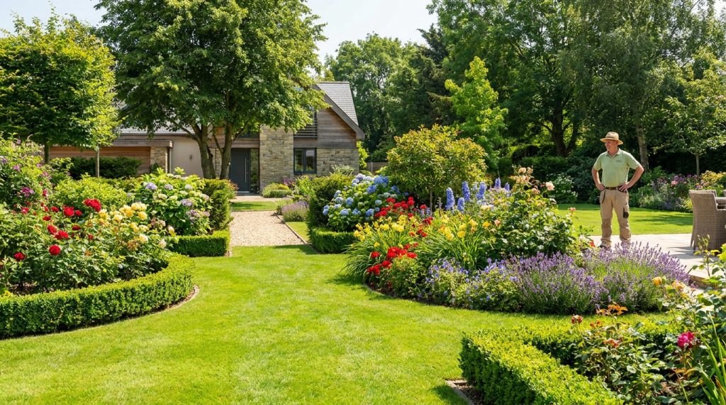 Jardinier contemplant un jardin fleuri luxuriant avec pelouse impeccable et maison moderne en fond. Idéal pour devis.