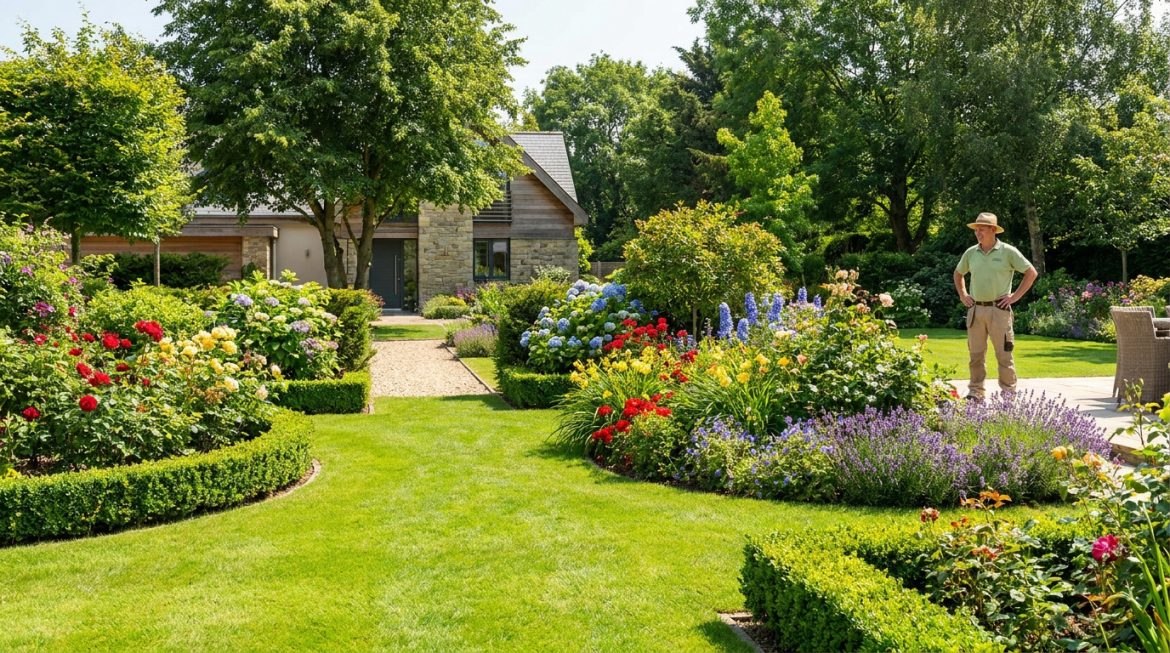 Jardinier contemplant un jardin fleuri luxuriant avec pelouse impeccable et maison moderne en fond. Idéal pour devis.