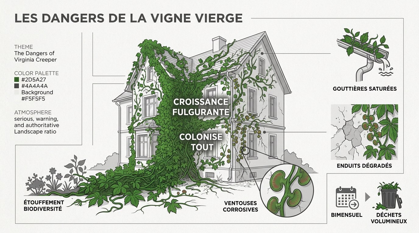 Vigne vierge envahissant une façade de maison et obstruant les fenêtres