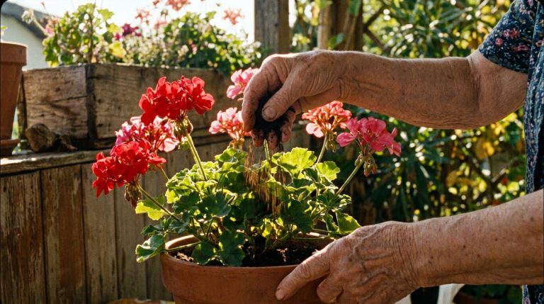 La meilleure recette de grand-mère pour vos géraniums Mains ridées d'une personne âgée ajoutant de la terre ou du compost à un géranium rouge vif dans un pot en terre cuite, sur un balcon.