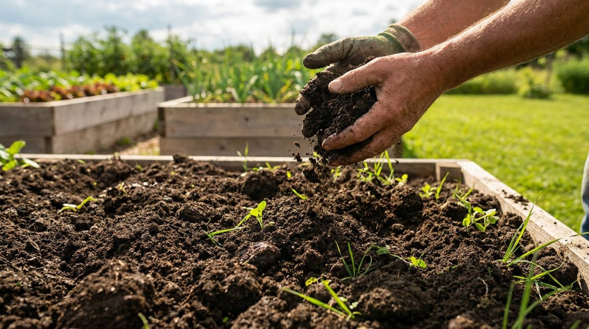 Mains gantées manipulant de la terre végétale riche au-dessus d'un carré potager rempli de jeunes pousses vertes.
