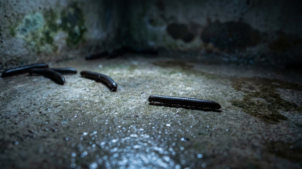 Plusieurs iules noirs rampent sur un sol gris humide et mouillé, avec des taches verdâtres sur un mur en arrière-plan.