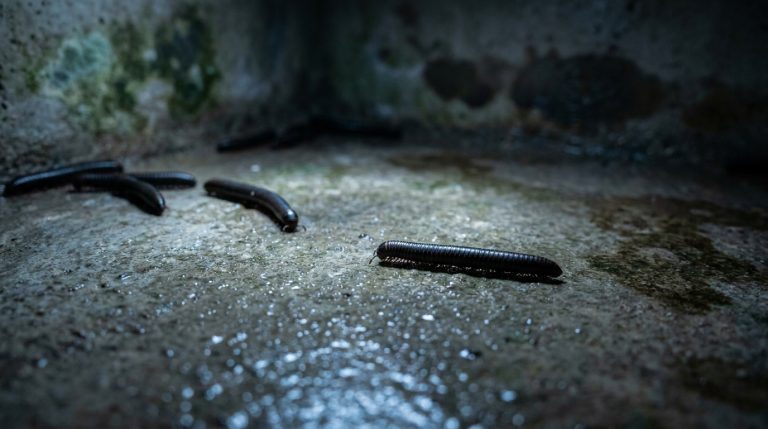 Plusieurs iules noirs rampent sur un sol gris humide et mouillé, avec des taches verdâtres sur un mur en arrière-plan.