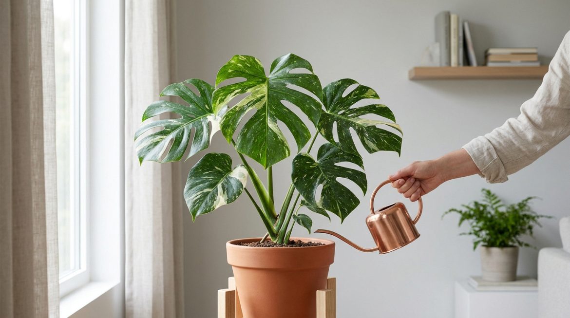 Réussir l’entretien de votre Monstera variegata en 2026 Main arrosant un Monstera variegata aux feuilles panachées dans un pot en terre cuite avec un arrosoir en cuivre, près d'une fenêtre.