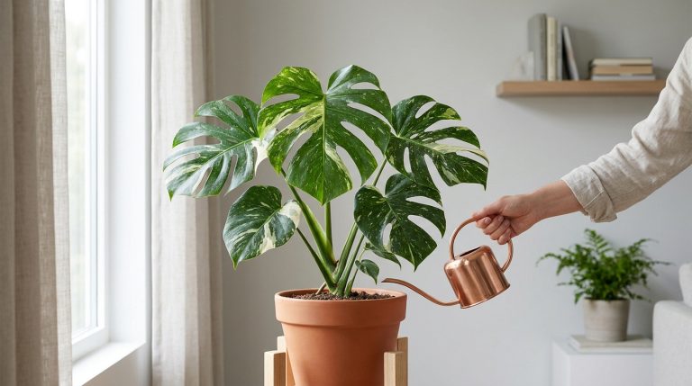 Main arrosant un Monstera variegata aux feuilles panachées dans un pot en terre cuite avec un arrosoir en cuivre, près d'une fenêtre.