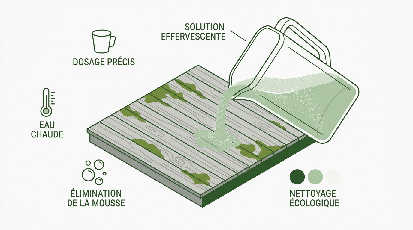 Effervescence du percarbonate de soude sur une terrasse en pierre pour un nettoyage écologique