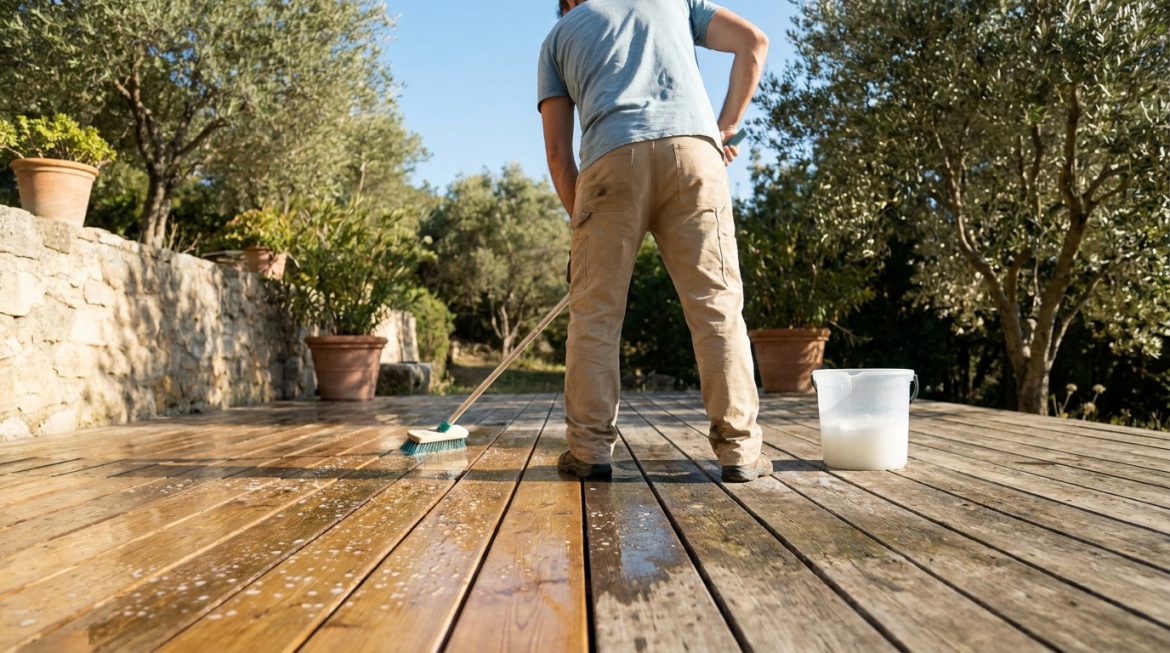 Un homme nettoie une terrasse en bois avec une brosse. Le bois sale contraste avec la partie déjà nettoyée, brillante de mousse et de propreté.