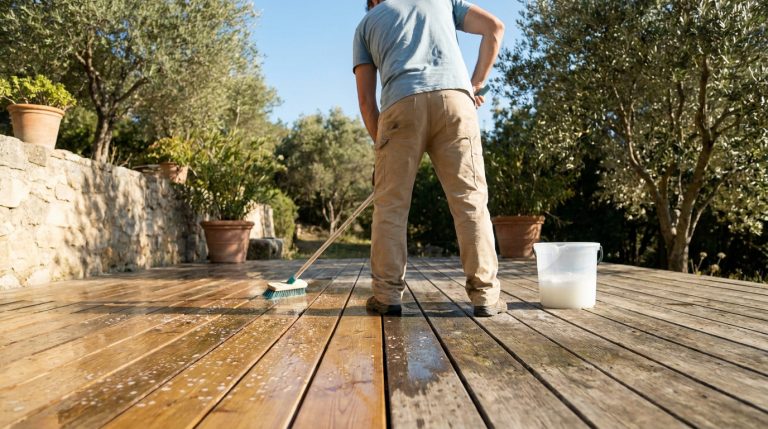Un homme nettoie une terrasse en bois avec une brosse. Le bois sale contraste avec la partie déjà nettoyée, brillante de mousse et de propreté.