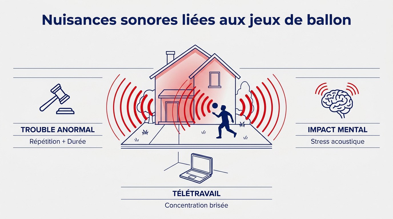 Ballon de football sur une pelouse devant une façade de maison, illustrant les nuisances sonores de voisinage.