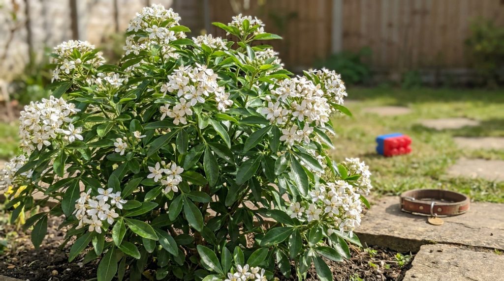 Buisson d'oranger du Mexique en fleurs près d'un collier pour chien et d'un jouet dans un jardin.
