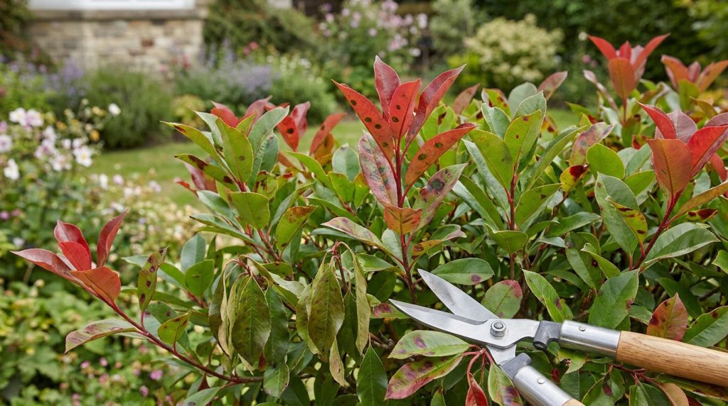 Photinia avec feuilles vertes et rouges tachées, signes de maladie, et un sécateur pour la taille.