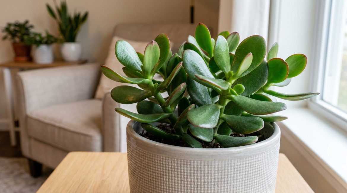 Crassula ovata : comment entretenir votre arbre de jade Un arbre de jade en pot posé sur une table devant une fenêtre, avec un fauteuil confortable en arrière-plan.