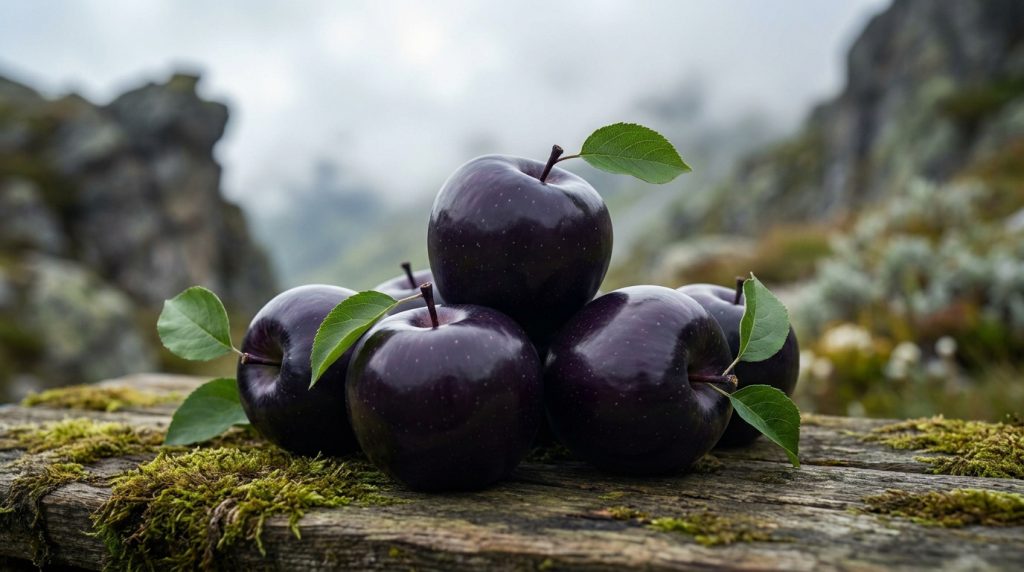 Gros plan sur plusieurs pommes noires brillantes posées sur une vieille table en bois recouverte de mousse en montagne.