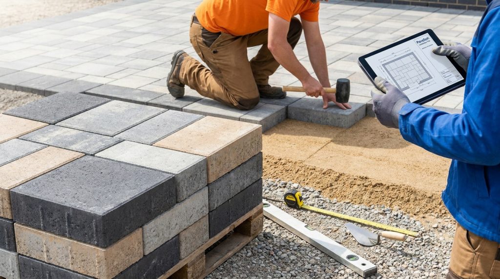 Deux ouvriers installent des pavés colorés sur un lit de sable. Un plan de pose numérique sur tablette guide le travail.