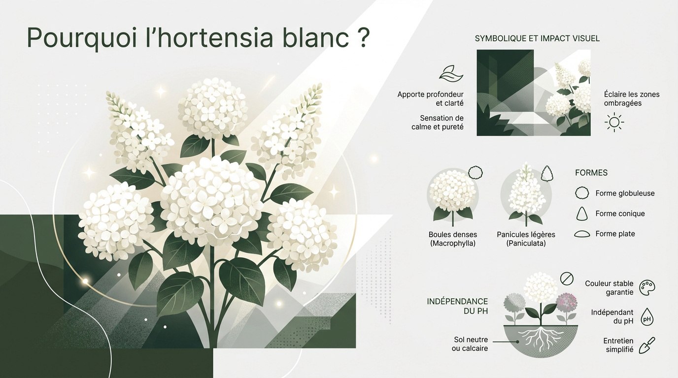 Magnifique floraison d'un hortensia blanc dans un massif ombragé