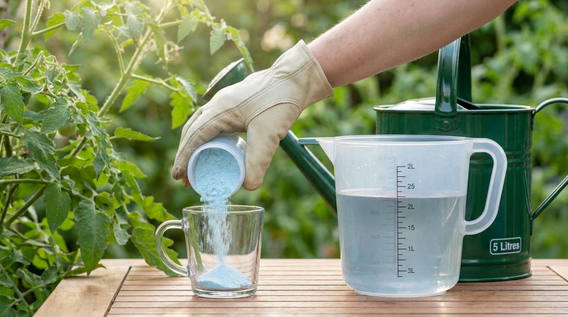 Quel dosage de bouillie bordelaise pour 5 litres d’eau ? Une main gantée verse de la poudre bleue de bouillie bordelaise dans un verre doseur à côté d'un arrosoir.