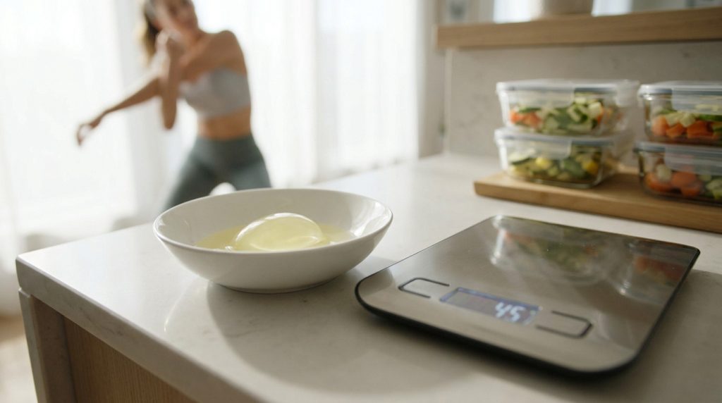 Bol de blanc d'œuf sur une balance de cuisine avec une personne faisant du sport en arrière-plan.