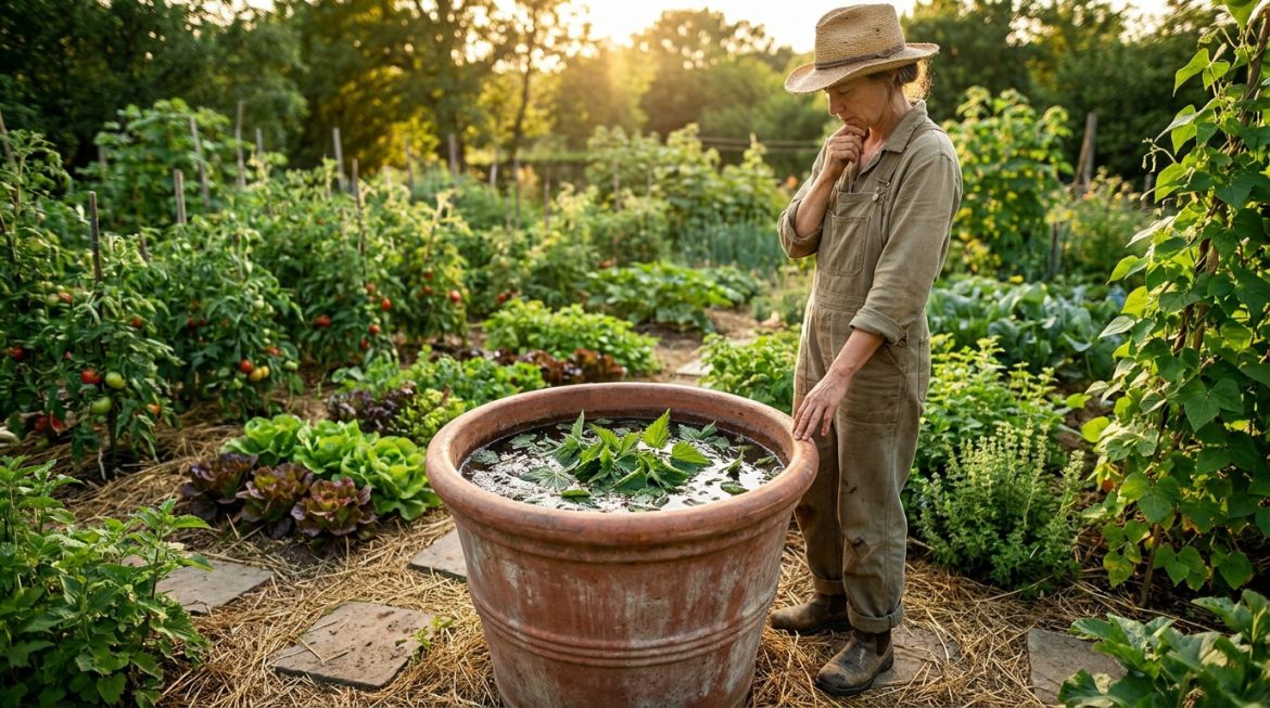 Une jardinière pensive regarde un grand pot en terre cuite rempli de purin d'ortie dans un potager au coucher du soleil.