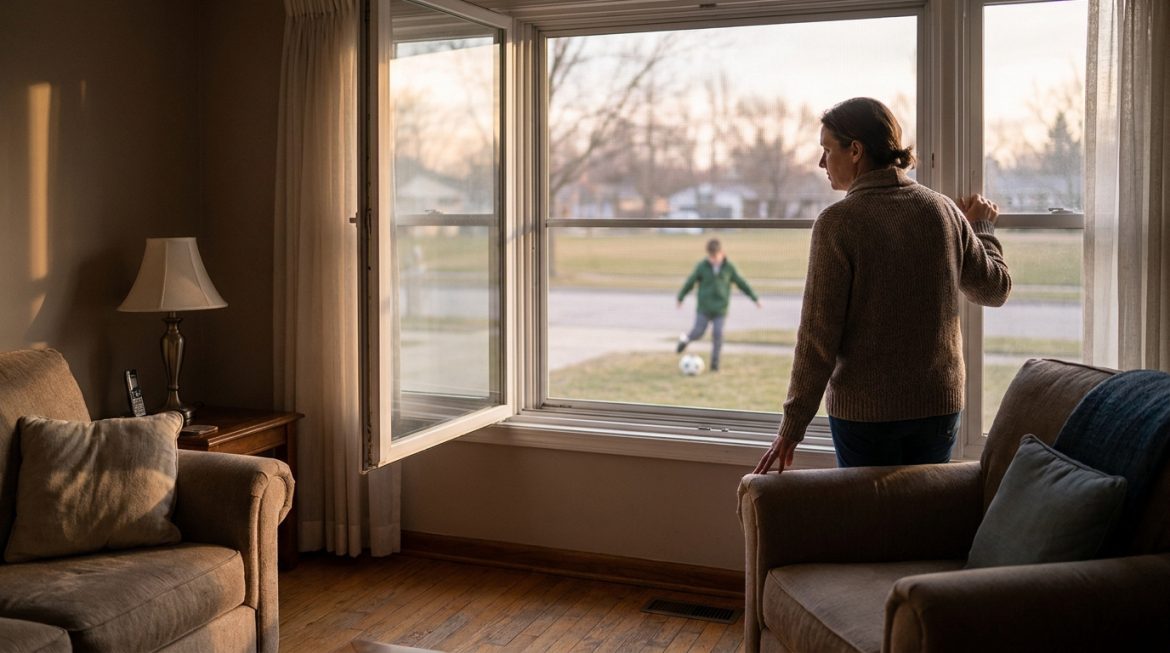 Une femme regarde un enfant jouer au football avec un ballon devant la maison, une fenêtre ouverte, suggérant un problème de bruit.