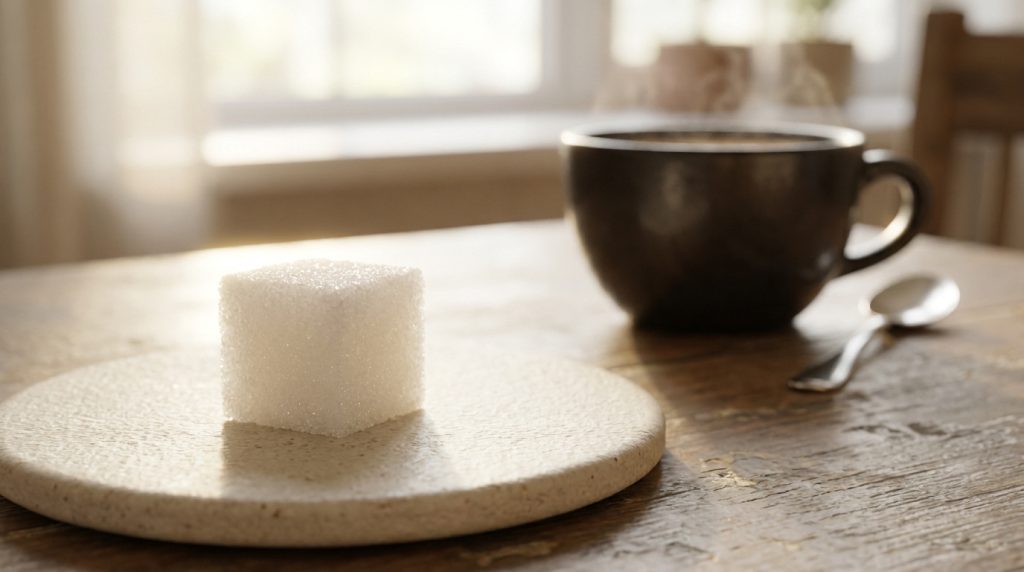 Un carré de sucre blanc posé sur une coupelle devant une tasse de café fumante sur une table en bois.