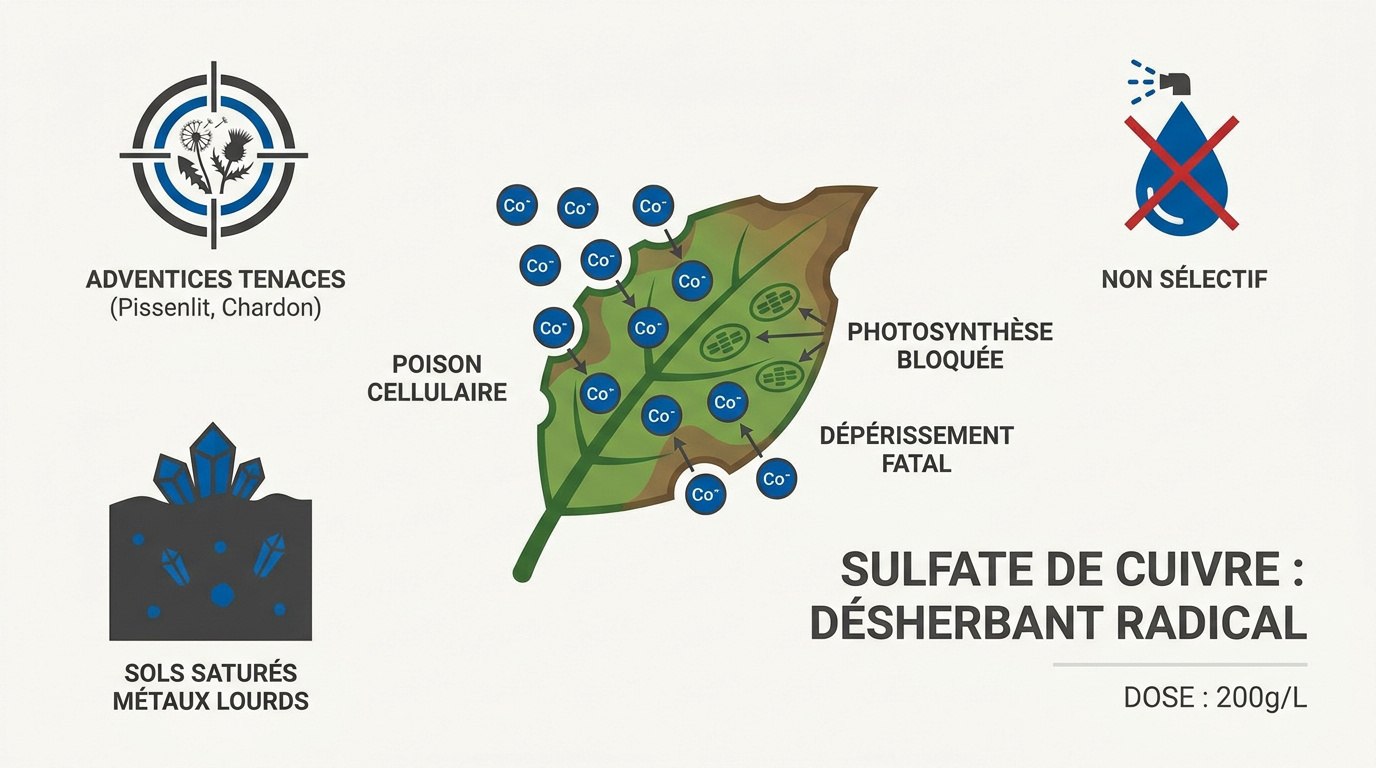 Sulfate de cuivre bleu utilisé comme désherbant dans un jardin