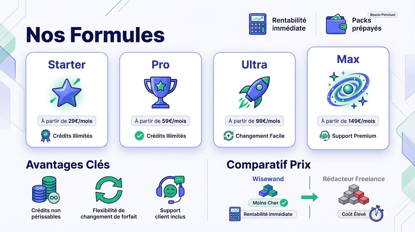 Tableau récapitulatif des tarifs et formules d'abonnement Wisewand pour la rédaction SEO
