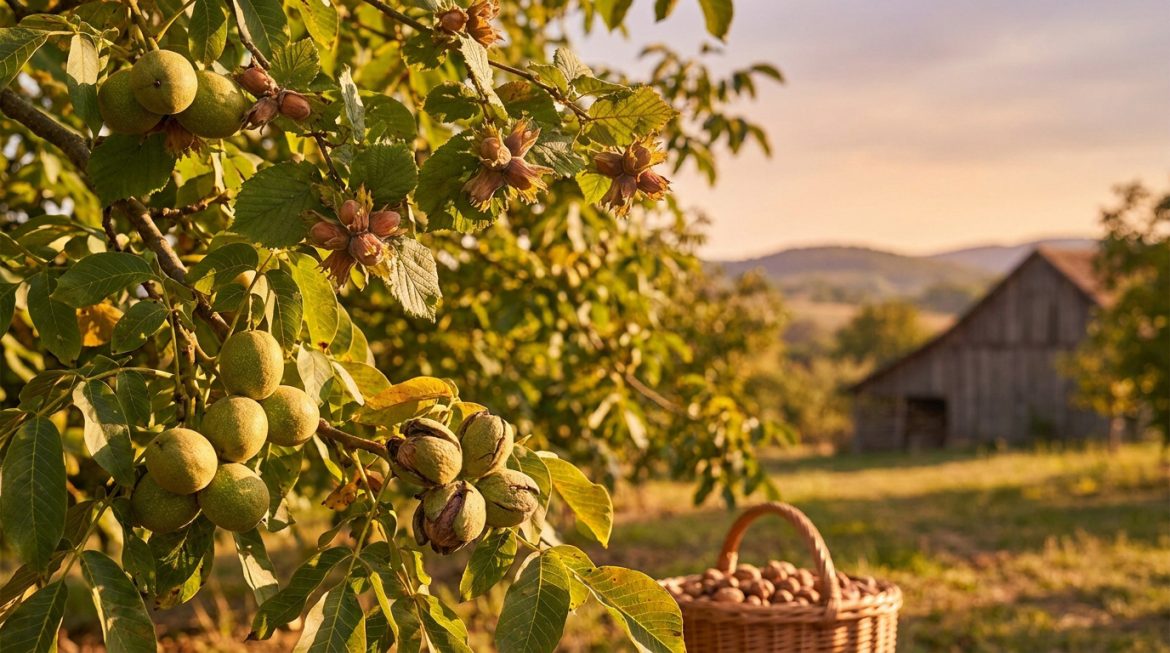 Cultiver des arbres à noix : le secret d’un verger généreux Noix vertes sur les branches d'un arbre avec un panier rempli de noix en arrière-plan et une grange au soleil couchant.