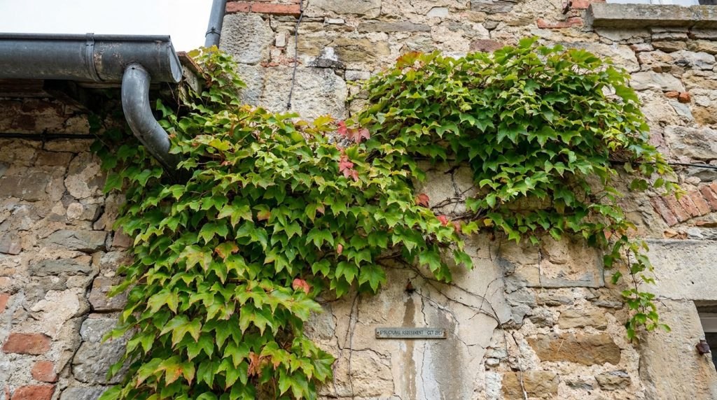 Vigne vierge luxuriante grimpant sur une ancienne façade en pierres et briques, avec une gouttière en zinc visible.