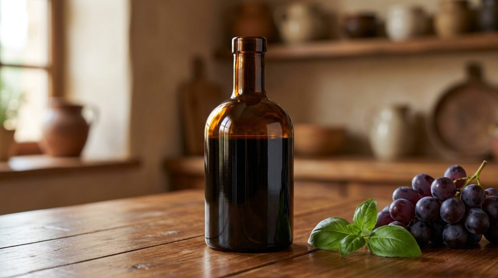 Bouteille en verre ambré contenant du vinaigre balsamique, accompagnée de raisins frais et de basilic sur une table rustique.