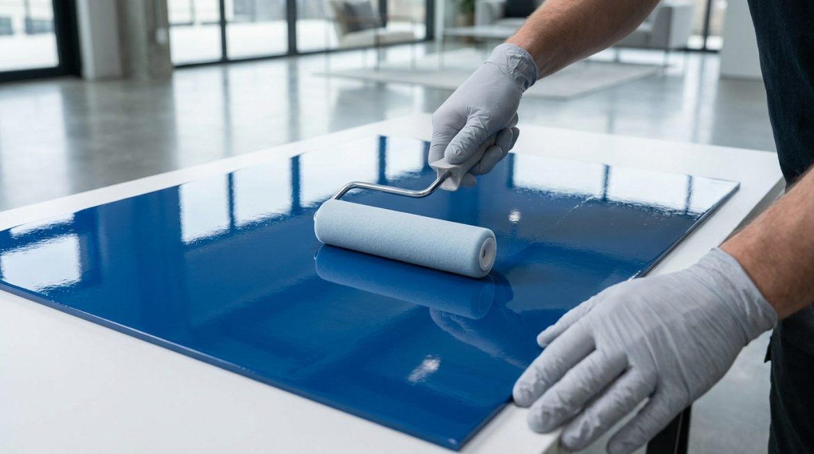 Une personne portant des gants applique de la peinture bleue brillante sur une surface plane avec un rouleau laqueur.