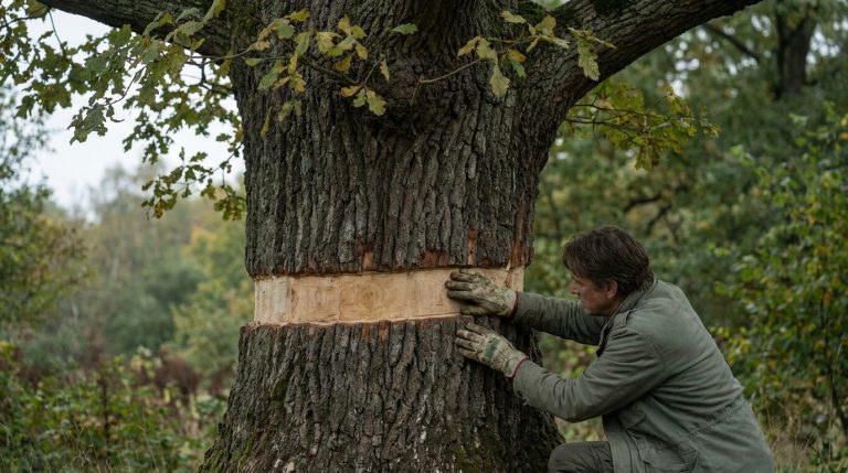 Comment faire mourir un arbre sans abattage immédiat Un homme en gants de travail touche l'écorce fraîchement entaillée autour du tronc d'un chêne.