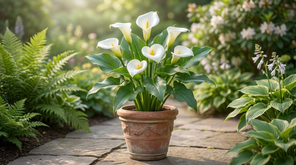 Un superbe arum blanc en pot au centre d'un jardin ensoleillé avec des fougères et des fleurs en arrière-plan.
