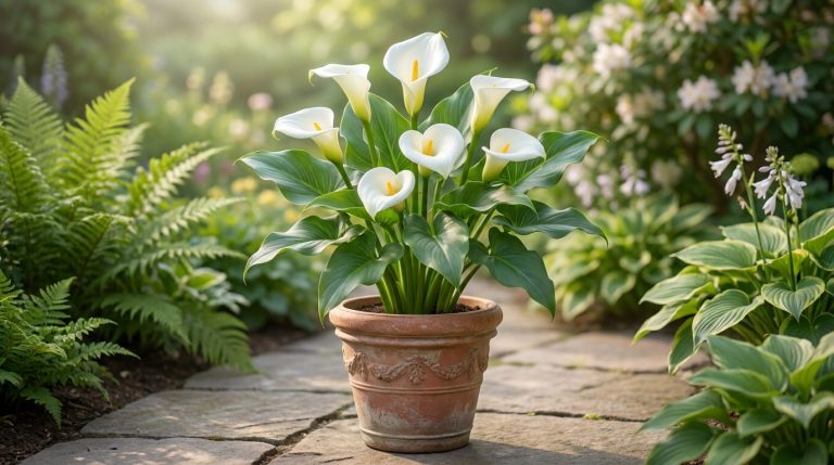 Un superbe arum blanc en pot au centre d'un jardin ensoleillé avec des fougères et des fleurs en arrière-plan.