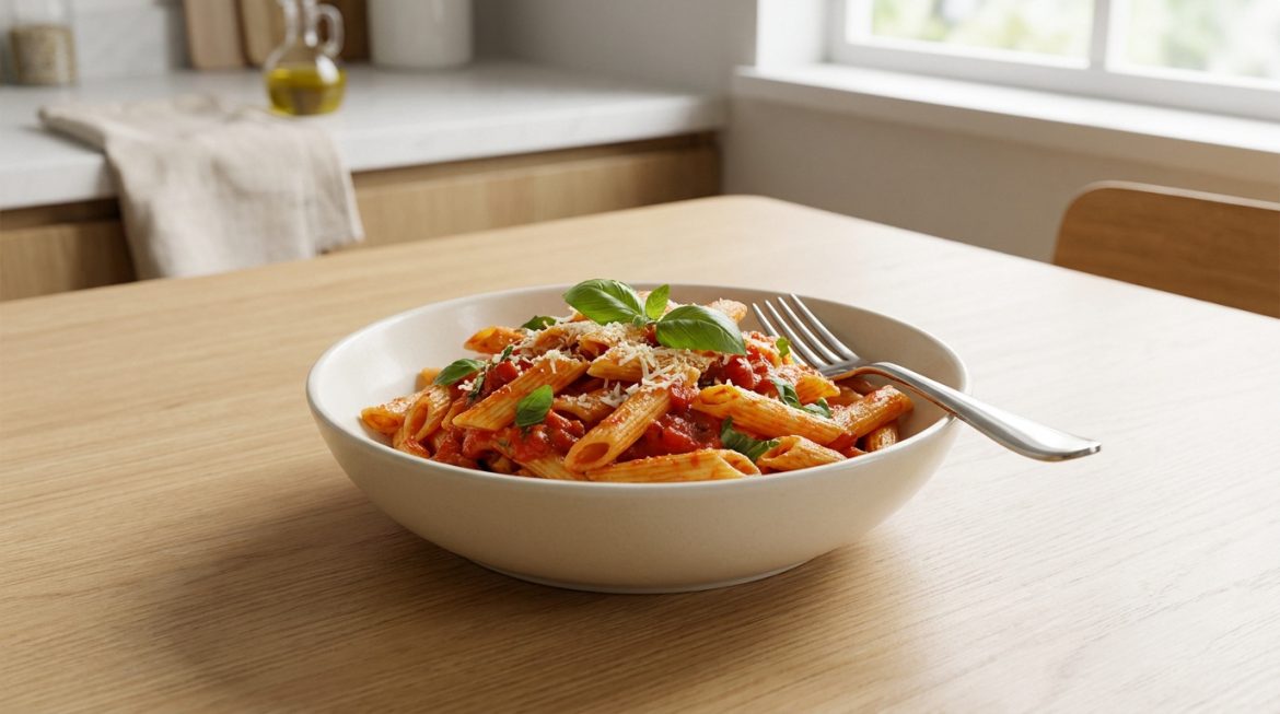 Une assiette de penne à la sauce tomate, basilic et parmesan sur une table en bois clair dans une cuisine lumineuse.