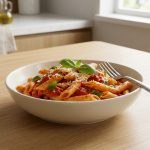 Une assiette de penne à la sauce tomate, basilic et parmesan sur une table en bois clair dans une cuisine lumineuse.