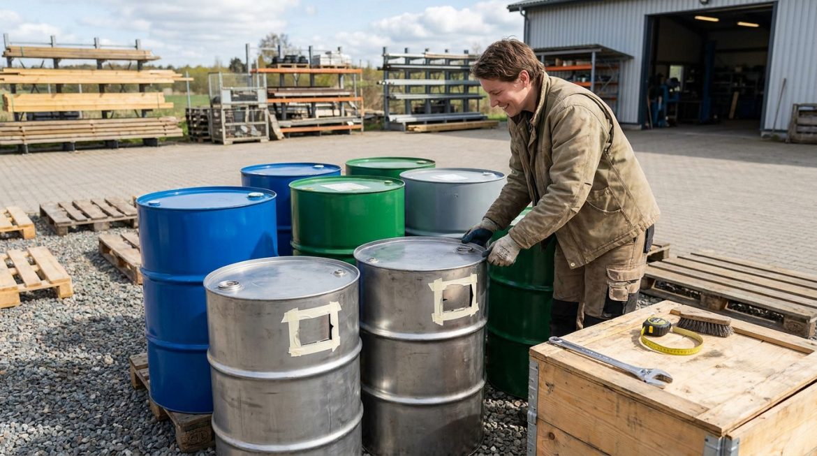Un homme souriant inspecte des fûts métalliques de 200 litres dans une zone de stockage industrielle.