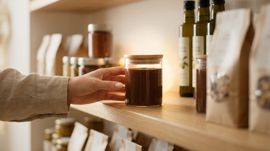 Une main saisit un pot en verre contenant une pâte à tartiner chocolatée sur l'étagère d'une épicerie fine.