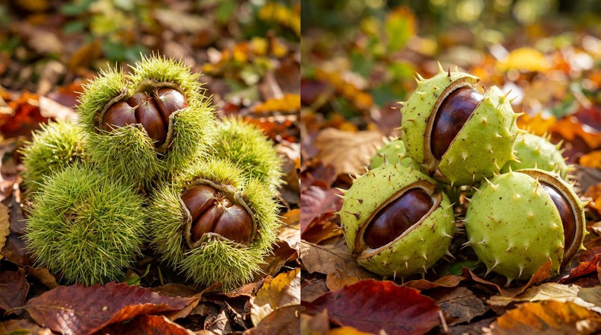 Comparaison visuelle entre des châtaignes comestibles à gauche et des marrons d'Inde non comestibles à droite.